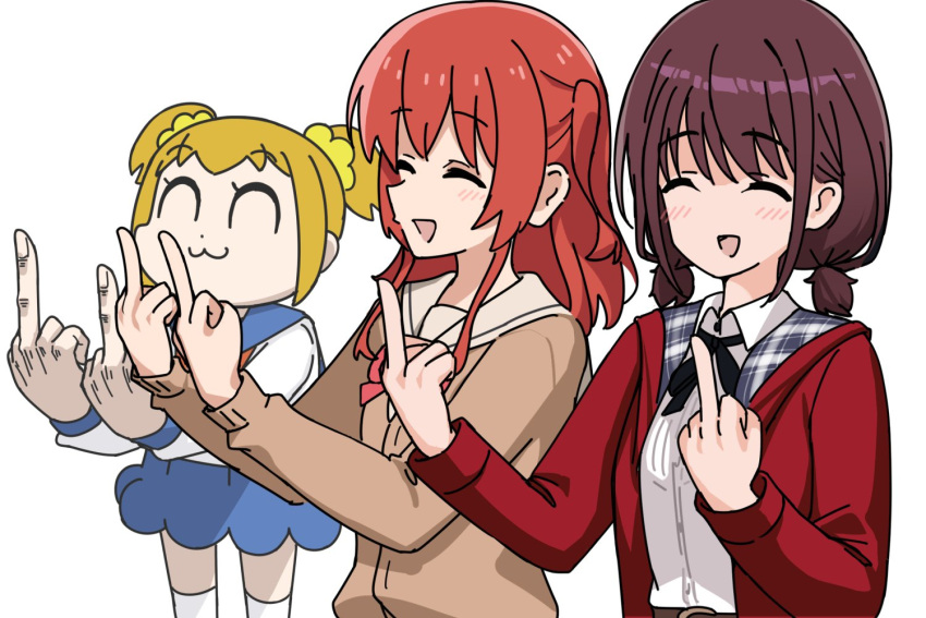 3girls :3 :d ^_^ bkub_(style) bocchi_the_rock! bow brown_hair closed_eyes commentary_request cowboy_shot crossover double_middle_finger girls_band_cry hair_bow hair_ornament hair_scrunchie hands_up iseri_nina jacket kita_ikuyo long_hair long_sleeves low_twintails medium_hair middle_finger mocchisake multiple_girls open_clothes open_jacket poptepipic popuko red_hair red_jacket school_uniform scrunchie serafuku short_twintails simple_background smile twintails two_side_up upper_body white_background yellow_scrunchie