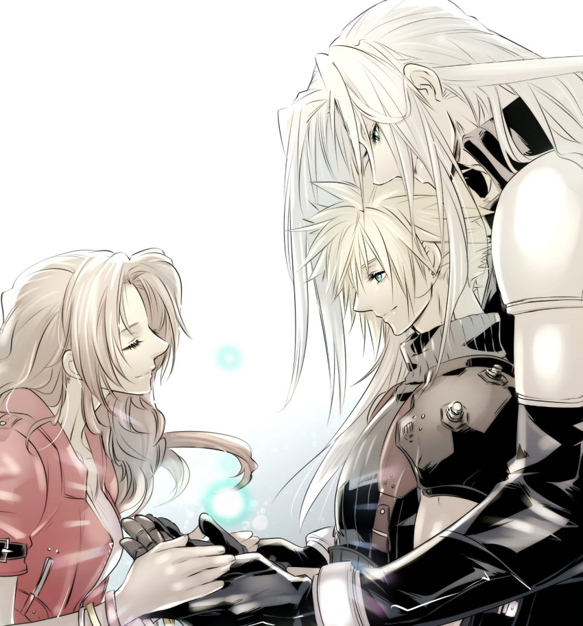 1girl 2boys aerith_gainsborough aiz00 armor bangle black_coat black_footwear black_gloves blonde_hair blue_eyes bracelet breasts brown_hair close-up closed_eyes closed_mouth cloud_strife coat dress earrings final_fantasy final_fantasy_vii final_fantasy_vii_rebirth final_fantasy_vii_remake gloves green_eyes grey_hair half-closed_eyes highres holding_hands jacket jewelry long_bangs long_hair materia medium_breasts multiple_boys parted_bangs pink_dress red_jacket sephiroth short_hair short_sleeves shoulder_armor sidelocks single_bare_shoulder single_earring single_shoulder_pad sleeveless sleeveless_turtleneck slit_pupils smile spiked_hair suspenders turtleneck twitter_username wavy_hair