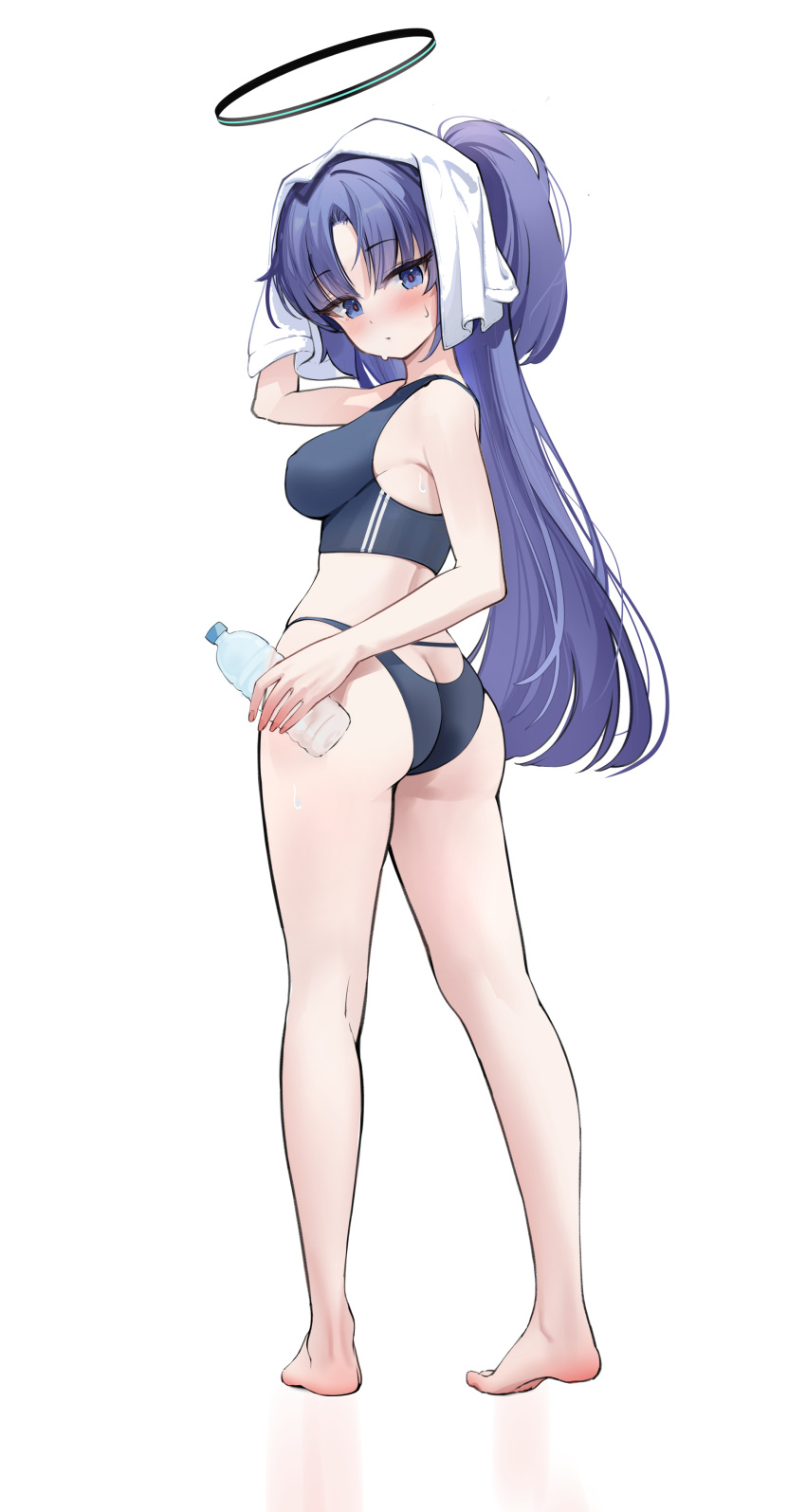 1girl absurdres ass barefoot blue_archive blush bottle breasts full_body halo highres large_breasts long_hair looking_at_viewer looking_back malon_(chuan2700) mechanical_halo purple_eyes purple_hair simple_background solo standing swimsuit towel water_bottle white_background yuuka_(blue_archive)