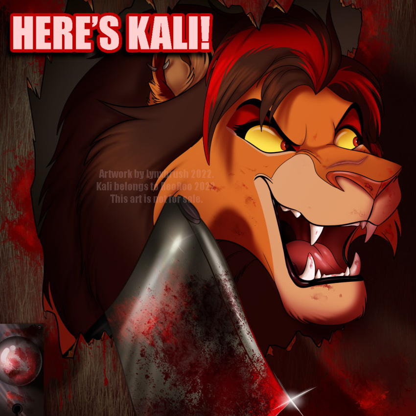 axe blood blood_splatter bodily_fluids brown_mane canine_teeth door door_handle doorknob evil_face evil_grin evil_look fangs fangs_bared felid female feral gore halloween_theme here's_johnny hi_res highlights_(coloring) kali_(reoroo) lion lynxbrush mammal mane maned melee_weapon outlander pantherine red_eyes red_highlights scar scarred_face scarred_nose smile solo stephen_king_(copyright) tawny_fur the_lion_king_(original_character) the_shining villainous weapon