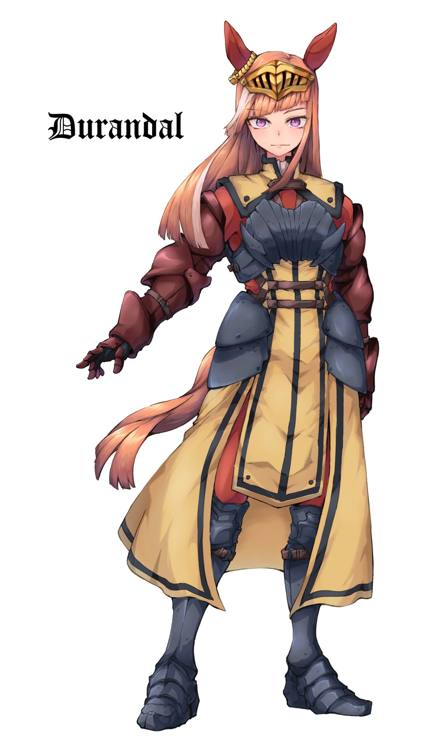 1girl absurdres animal_ears arm_guards armor bangs breastplate character_name durandal_(racehorse) ear_covers ear_ornament english_text faulds full_body gauntlets genderswap genderswap_(mtf) greaves highres horse_ears horse_girl horse_tail long_hair looking_at_viewer multicolored_hair obushideian orange_hair original personification purple_eyes simple_background solo tabard tail trimmed_tail two-tone_hair umamusume vambraces visor_(armor) white_background white_hair