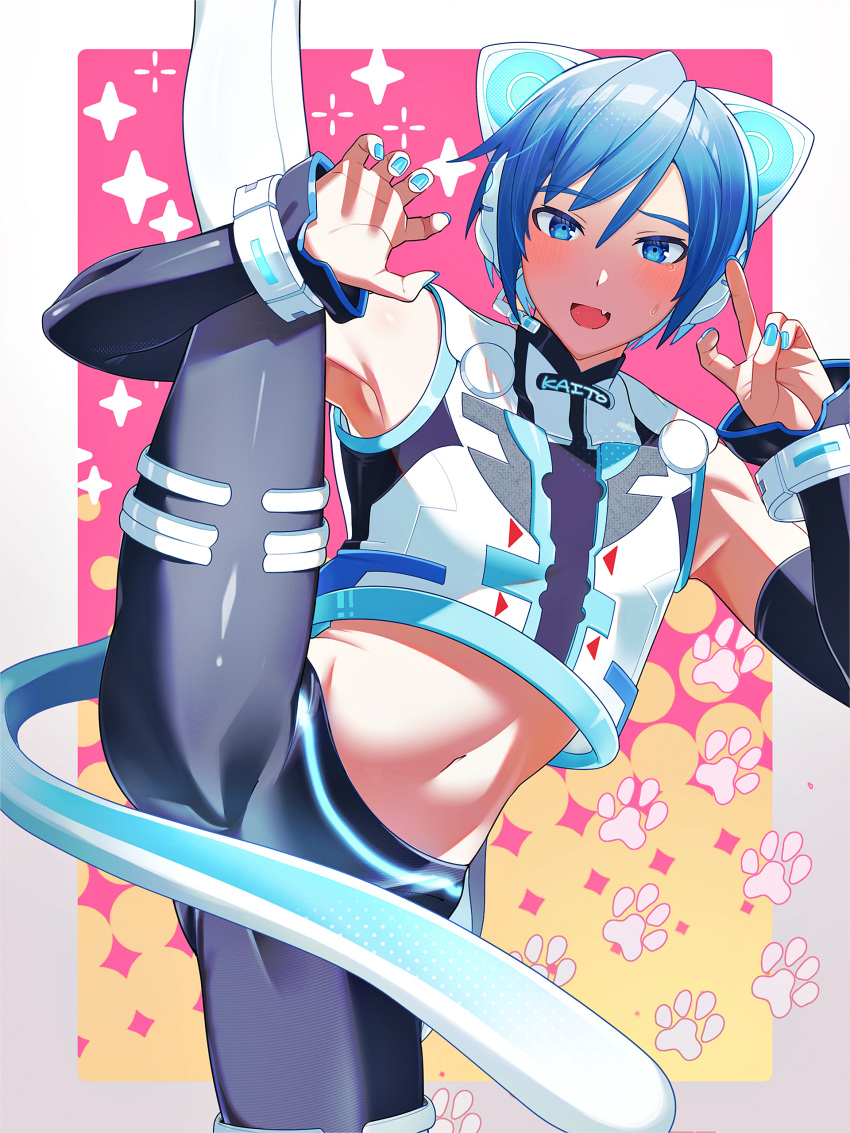 1boy 6v6_1212 absurdres animal_ears black_leggings blue_eyes blue_hair blue_nails blush boots border cat_ears cat_tail claw_pose crop_top detached_sleeves fang hair_between_eyes headphones highres kaito_(vocaloid) leg_up leggings looking_at_viewer male_focus mechanical_tail midriff navel neko_cyber_(module) open_mouth outside_border project_diva_(series) shirt short_hair sleeveless sleeveless_shirt smile solo split standing standing_on_one_leg standing_split star_(symbol) tail tight_clothes vocaloid white_border