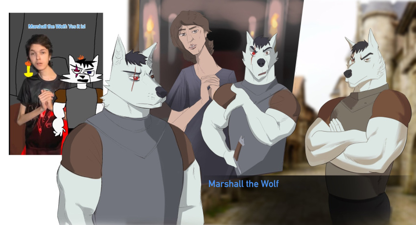 anthro armor breastplate burrserk canid canine canis clothing danny_smoke danny_smoke_in_furry_land duo english_text hair hi_res human male mammal marshall_the_wolf muscular muscular_anthro muscular_male prick_ears scar shirt snout solo t-shirt text topwear wolf