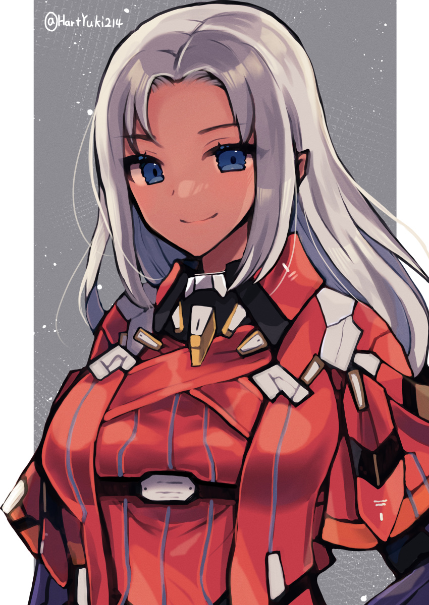 1girl absurdres blue_eyes breasts closed_eyes closed_mouth dark-skinned_female dark_skin elma_(xenoblade_x) forehead grey_background grey_hair haruto_yuki highres long_hair looking_at_viewer looking_back medium_breasts military military_uniform outside_border pillarboxed simple_background smile solo twitter_username underbust uniform upper_body xenoblade_chronicles_(series) xenoblade_chronicles_x