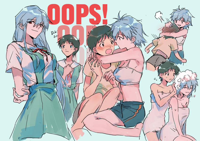 2girls :o absurdres alternate_universe androgynous arms_behind_back between_breasts blue_hair blush breasts brown_eyes cleavage clenched_hand closed_eyes closed_mouth embarrassed english_text flustered genderswap genderswap_(mtf) hand_on_own_chest head_between_breasts highres ikari_shinji light_blue_hair long_hair multiple_girls multiple_views nagisa_kaworu naked_towel neck_ribbon neon_genesis_evangelion noogie open_mouth red_eyes red_ribbon ribbon school_uniform shaking shirt short_hair short_sleeves shorts sitting skirt soap_bubbles sports_bra standing suspender_skirt suspenders tokyo-3_middle_school_uniform towel washing washing_hair white_shirt wuluan_(sasishuibulabo)