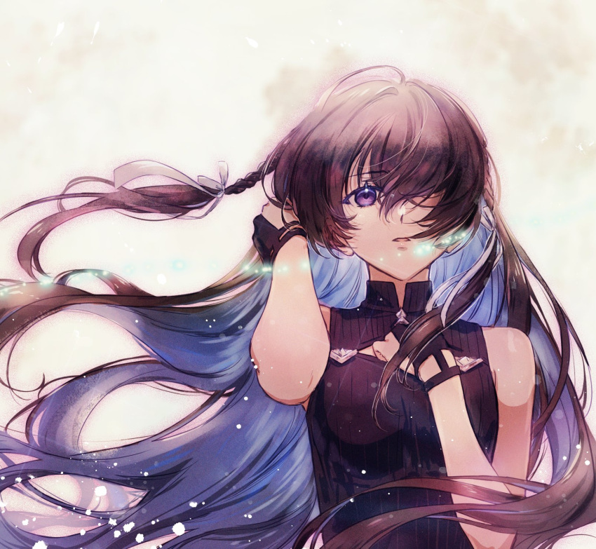 1girl black_hair blue_hair braid breasts cleavage_cutout clothing_cutout colored_inner_hair dress gloves hair_over_one_eye hand_in_own_hair hand_on_own_chest highres kuon_yuu long_hair looking_ahead medium_breasts multicolored_hair open_mouth partially_fingerless_gloves purple_dress purple_eyes simple_background sleeveless sleeveless_dress solo tinasha_(unnamed_memory) unnamed_memory upper_body very_long_hair white_background