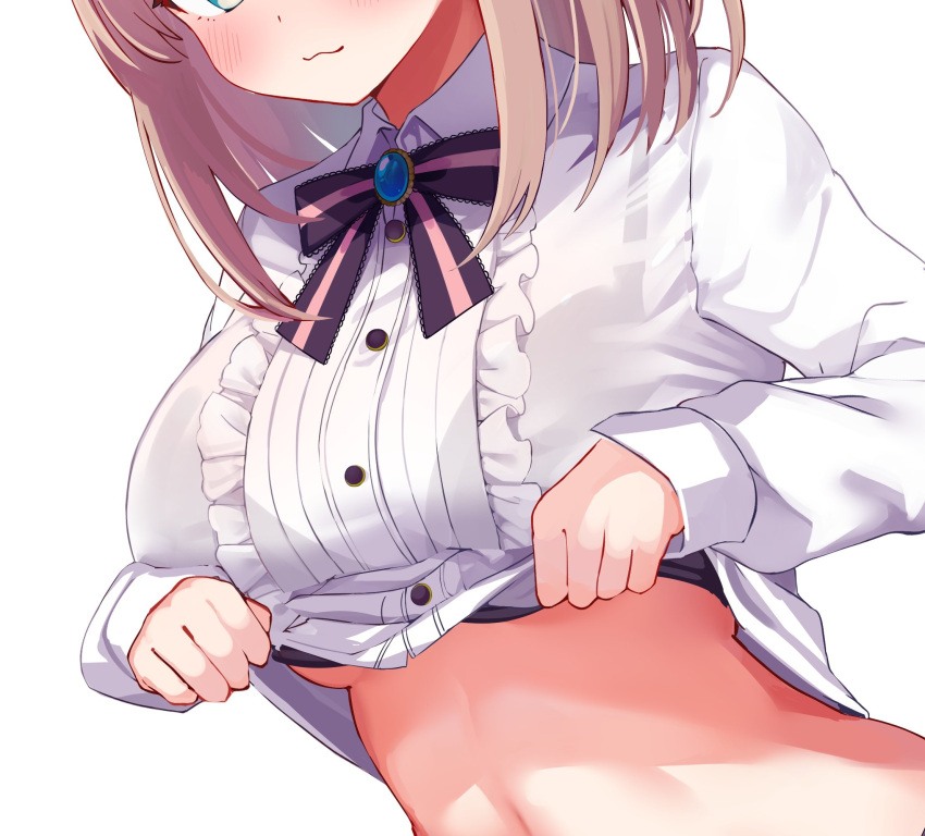 1girl :3 arched_back black_bow black_bowtie black_bra blue_brooch blue_eyes blush bow bowtie bra bra_peek breasts brown_hair buttons center_frills clothes_lift collared_shirt festa11307070 frilled_shirt frills head_out_of_frame highres large_breasts lifted_by_self long_sleeves looking_at_viewer medium_hair nijisanji pink_bow pink_bowtie shirt shirt_lift simple_background smile solo suzuhara_lulu suzuhara_lulu_(1st_costume) underwear virtual_youtuber white_background white_shirt