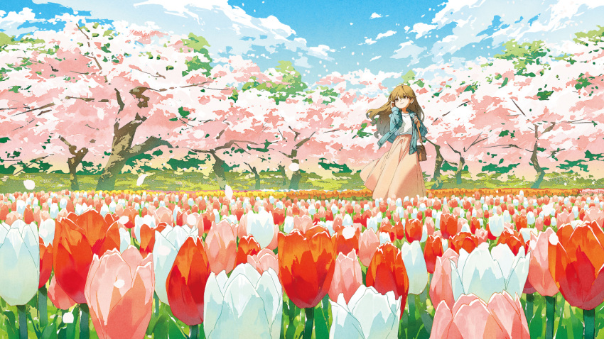 1girl bag blue_jacket blue_sky brown_eyes brown_hair cherry_blossoms closed_mouth cloud cloudy_sky day earrings falling_petals field flower flower_field full_body hair_between_eyes handbag jacket jewelry landscape long_skirt long_sleeves looking_up nature open_clothes open_jacket original outdoors petals pink_skirt pleated_skirt potg_(piotegu) red_flower red_tulip scenery shirt skirt sky smile solo tucking_hair tulip white_flower white_shirt white_tulip wide_shot