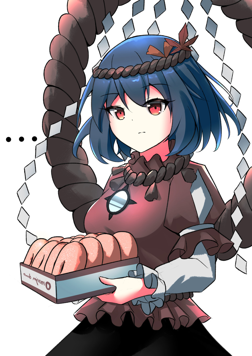 ... 1girl absurdres black_skirt blue_hair breasts commentary_request doughnut food frilled_sleeves frills hair_ornament highres layered_sleeves leaf_hair_ornament long_sleeves medium_breasts mirror red_eyes red_skirt rope sanaegamer shimenawa short_hair short_over_long_sleeves short_sleeves simple_background skirt touhou white_background yasaka_kanako