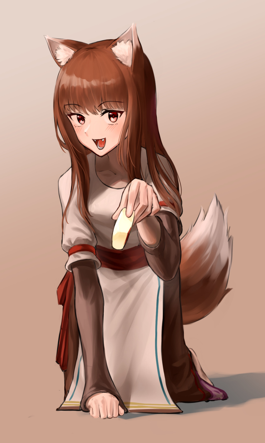 1girl :d all_fours animal_ear_fluff animal_ears blunt_bangs blush bright_pupils brown_dress brown_hair commentary dress fangs full_body hand_up highres holo koide_7285 light_brown_background long_hair looking_at_viewer open_mouth puffy_short_sleeves puffy_sleeves red_eyes shirt short_sleeves sidelocks simple_background sleeves_past_wrists smile solo spice_and_wolf straight_hair tail teeth tsurime white_shirt wolf_ears wolf_girl wolf_tail