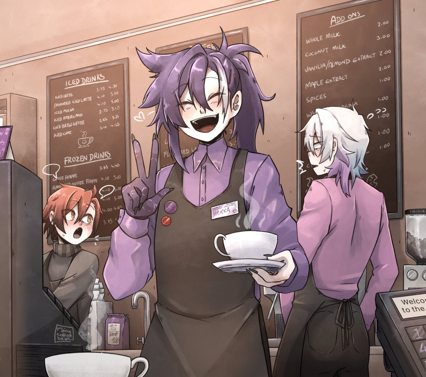 3boys apron banzoin_hakka barista black_apron black_hair blue_hair blush cafe collared_shirt english_text gavis_bettel grey_hair happy heart high_ponytail highres holding holding_saucer holostars holostars_english indoors long_hair looking_at_another machina_x_flayon male_focus menu_board multicolored_hair multiple_boys open_mouth orange_eyes pink_hair purple_hair purple_shirt rainycoffeebean red_hair saucer shirt short_hair smile standing streaked_hair twitter_username two-tone_hair upper_body v virtual_youtuber white_hair