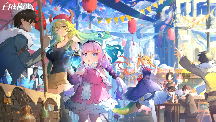 4girls 5boys alchemy_stars anger_vein aqua_hair arm_belt ascot back_bow banner bare_arms bare_shoulders baseball_cap belt belt_bag belt_buckle beret black_ascot black_bow black_hair black_hairband black_jacket black_tank_top blonde_hair blue_coat blue_dress blue_eyes blue_sky blue_sleeves blunt_bangs bottle bow bowl breasts brown_belt brown_footwear brown_horns brown_pants brown_scarf buckle buttons capelet castle center_frills character_request chinese_commentary cleavage closed_mouth cloud coat collar collared_capelet collared_shirt commentary_request confetti copyright_name cowboy_shot crossover dadijiji dango day denim denim_shorts dragon_horn dragon_tail dress drink eating elbow_on_table elma_(maidragon) faceless faceless_male fang festival fireworks food food_stand foot_out_of_frame frilled_capelet frilled_dress frilled_sleeves frills from_behind frown fur-trimmed_hood fur_trim garland_(decoration) gradient_hair green_eyes green_hair green_tail hair_bobbles hair_bow hair_ornament hair_over_eyes hairband hand_on_own_cheek hand_on_own_face hand_on_table hat high_collar highres holding holding_bowl holding_food hood hood_down hooded_coat hoodie horns jacket kanna_kamui kobayashi-san_chi_no_maidragon large_breasts leg_up long_hair long_sleeves looking_at_another low_twintails lucoa_(maidragon) maid_headdress menu_board multicolored_hair multiple_boys multiple_girls necktie official_art on_stool one_eye_closed open_clothes open_jacket open_mouth orange_eyes outdoors outstretched_arms pants pantyhose parted_lips petals pink_capelet pink_dress pink_sleeves pointing pointing_up puffy_long_sleeves puffy_sleeves purple_hair purple_tail red_bow red_hat red_necktie scarf scenery shawl shirt shoes short_dress short_shorts shorts single_horn sitting sky sleeveless sleeveless_dress sleeves_past_wrists smile sparkle_hair_ornament steam sunglasses table tail tank_top teeth tohru_(maidragon) twintails upper_teeth_only v-shaped_eyebrows vase wagashi white_collar white_hat white_headdress white_horns white_pantyhose white_shawl yellow_hoodie yellow_shorts