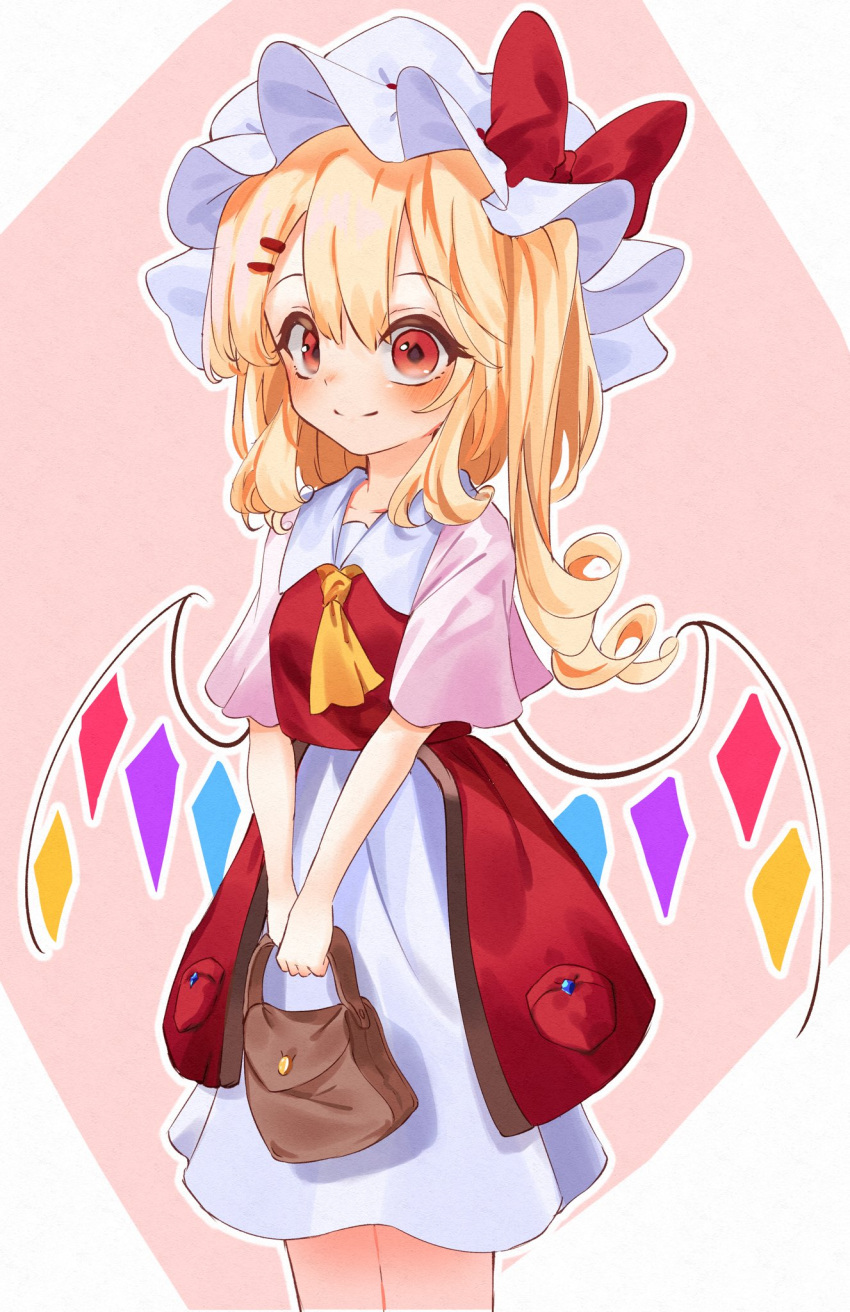 1girl adapted_costume ascot bag blonde_hair blush bow calpis118 closed_mouth commentary cowboy_shot crazy_eyes crystal curly_hair diamond-shaped_pupils diamond_(shape) double-parted_bangs flandre_scarlet hair_between_eyes hair_ornament hairclip handbag hat hat_bow highres holding holding_bag long_hair long_skirt looking_at_viewer mob_cap pink_background pink_sleeves red_bow red_eyes red_vest short_sleeves side_ponytail simple_background skirt smile solo split_mouth symbol-shaped_pupils touhou v_arms vest white_hat white_skirt wide-eyed wings yellow_ascot