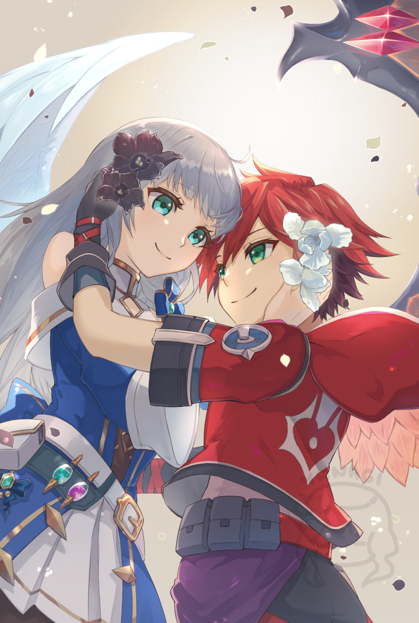 1boy 1girl airis_(shironeko_project) belt black_gloves feathered_wings flower gloves green_eyes hair_flower hair_ornament highres hood hoodie protagonist_(shironeko_project) red_hair shironeko_project white_hair wings yanagimachi