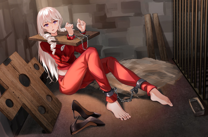 1girl absurdres algerie_(azur_lane) alternate_costume azur_lane barefoot bdsm bound bound_ankles bound_wrists chain cuffs drill_hair dungeon high_heels highres iron_bars pants purple_hair shackles sitting solo stocks unworn_footwear white_hair zhadanzhawugui