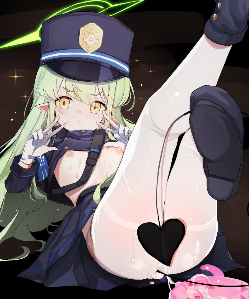 1girl :&lt; absurdres armband black_footwear black_tail blue_archive blue_armband blue_hat blue_jacket blue_skirt boots breasts closed_mouth clothes_lift demon_tail double_w foot_out_of_frame gloves green_hair halo haniwa_(statue) hat highres hikari_(blue_archive) jacket jacket_lift kepi leg_up long_hair looking_at_viewer lying military_hat nipples on_back pantyhose pleated_skirt pointy_ears pussy_juice pussy_juice_trail shoe_soles short_eyebrows skirt small_breasts solo sparkle sweat tail tail_censor teranekosu thighband_pantyhose v-shaped_eyebrows very_long_hair w white_gloves white_pantyhose yellow_eyes