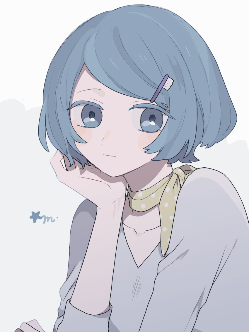 1girl blue_eyes blue_hair blush expressionless hair_ornament hand_on_own_cheek hand_on_own_face highres looking_to_the_side maco22 neckerchief original polka_dot_neckerchief short_hair solo