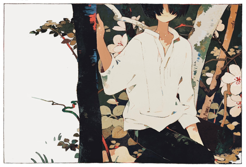 1boy barefoot black_hair black_pants border closed_mouth facing_viewer flower hand_up head_out_of_frame highres ka_(marukogedago) leaf long_sleeves male_focus nature original outdoors pants plant shirt short_hair sitting solo tree white_border white_flower white_shirt