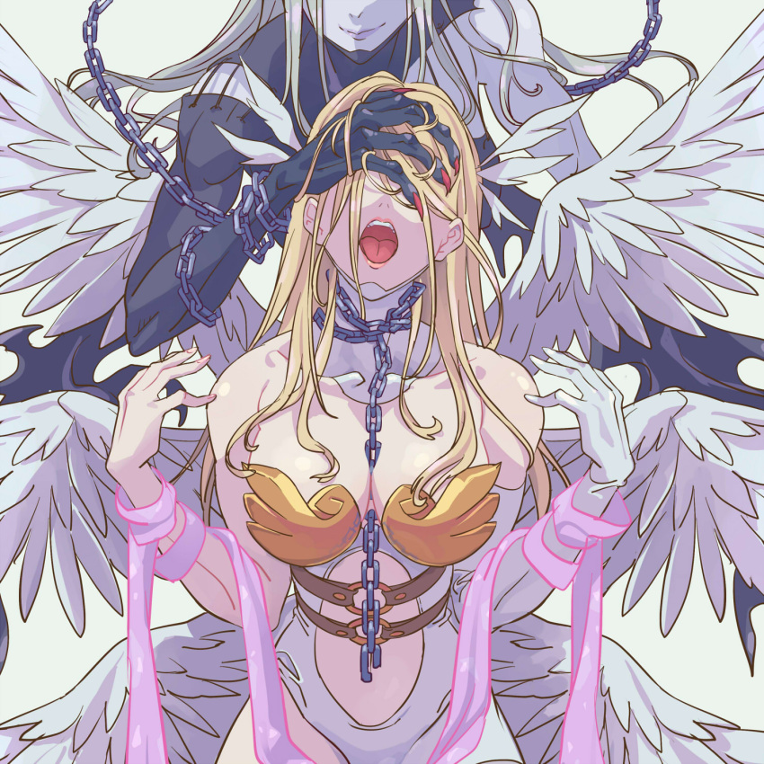 2girls angel_and_devil angel_wings angewomon armor bare_shoulders black_bodysuit blonde_hair bodysuit breastplate breasts chain chain_between_breasts clothing_cutout colored_skin covering_another's_eyes digimon digimon_(creature) feathered_wings futa_yuri_ryona gloves grey_hair grey_skin head_out_of_frame head_wings highres hip_vent ladydevimon large_breasts multiple_girls multiple_wings no_headwear o-ring open_mouth pink_lips pink_ribbon purple_lips ribbon simple_background single_glove smirk stomach_cutout tongue torn_bodysuit torn_clothes white_background white_gloves wings yuri