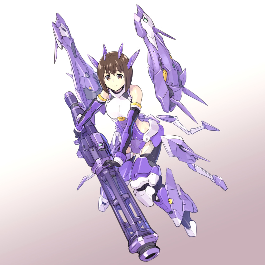 1girl absurdres alice_gear_aegis bare_shoulders breasts brown_eyes brown_hair cannon cleavage closed_mouth clothing_cutout elbow_gloves gloves headgear highres holding holding_weapon ishiyumi large_breasts looking_at_viewer mecha_musume open_mouth short_hair solo suga_itsuri weapon