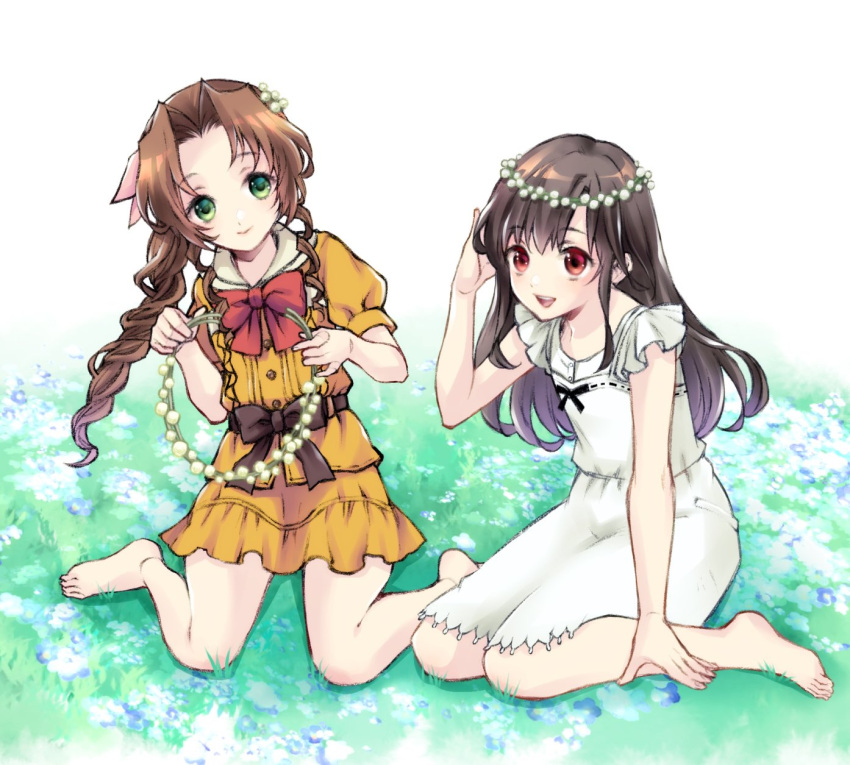 2girls aerith_gainsborough aged_down barefoot belt black_hair bow braid braided_ponytail brown_hair closed_mouth dress final_fantasy final_fantasy_vii flower green_eyes hair_ribbon happy head_wreath highres long_hair multiple_girls on_grass open_mouth outdoors parted_bangs pink_ribbon quichi_91 red_eyes ribbon sidelocks sitting smile tifa_lockhart wariza white_dress yellow_dress