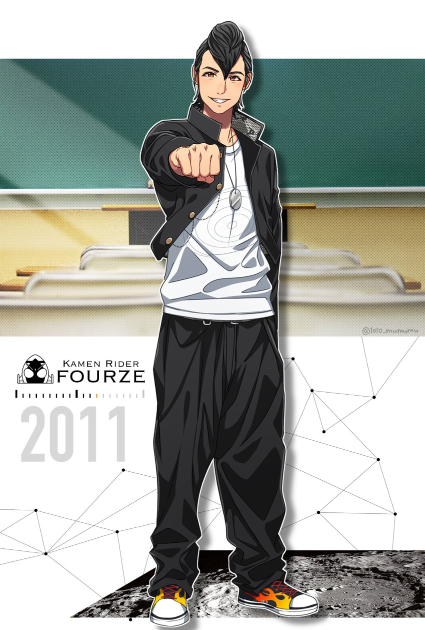 1010_mumumu 1boy 2011 black_footwear black_jacket black_pants chalkboard classroom clenched_hand copyright_name fist_bump flame_print foreshortening gakuran highres jacket kamen_rider kamen_rider_fourze_(series) kisaragi_gentarou male_focus orange_eyes pants pompadour school_uniform shirt smile white_shirt