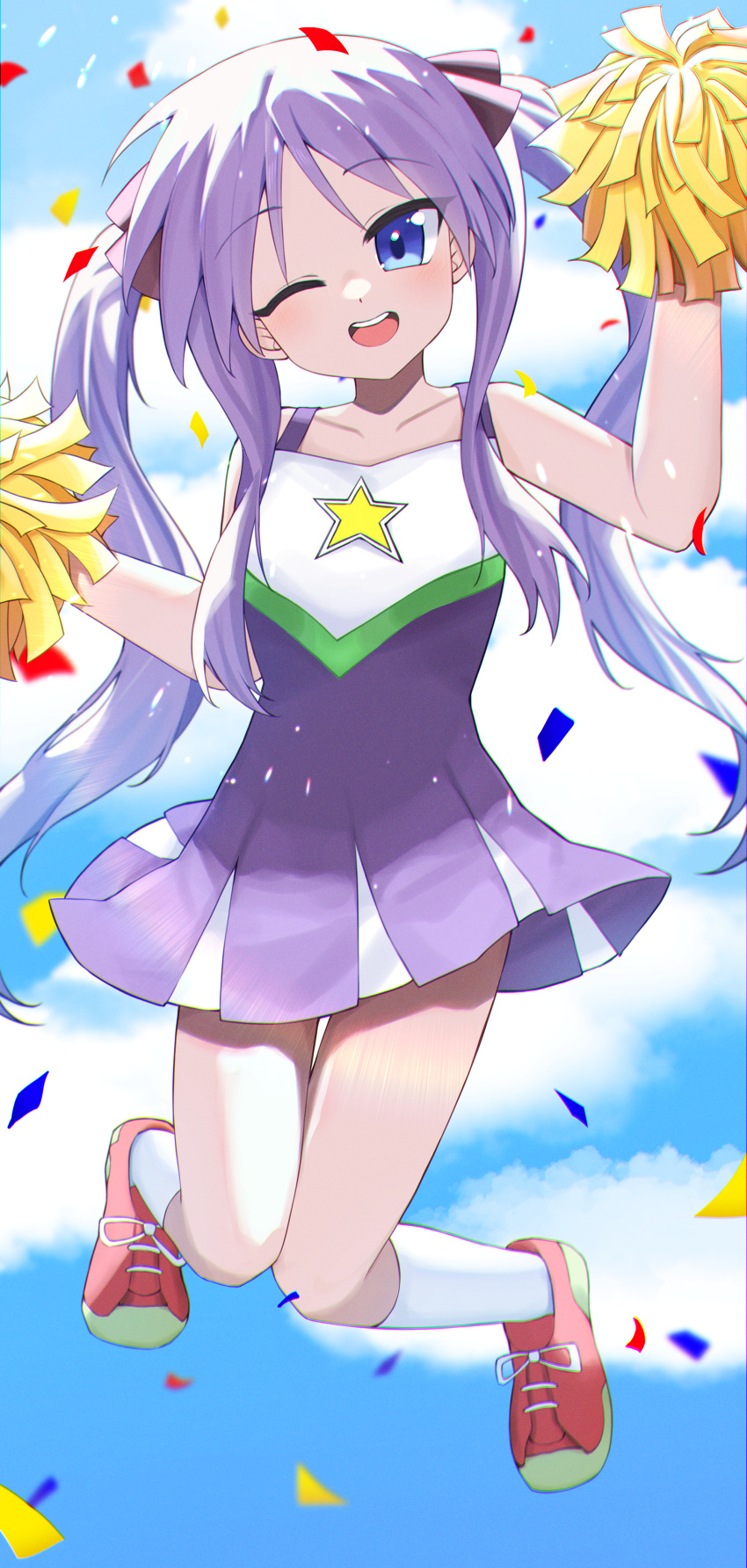 1girl ;d absurdres bare_shoulders blue_eyes blush cheerleader chromatic_aberration cloud collarbone commentary confetti day dress full_body hair_ribbon highres hiiragi_kagami jumping kneehighs knees_together_feet_apart lens_flare long_hair looking_at_viewer lucky_star midair one_eye_closed open_mouth pom_pom_(cheerleading) purple_dress purple_hair purple_ribbon red_footwear ribbon shoes short_dress sleeveless sleeveless_dress smile socks solo star_(symbol) twintails white_socks yaki_tai