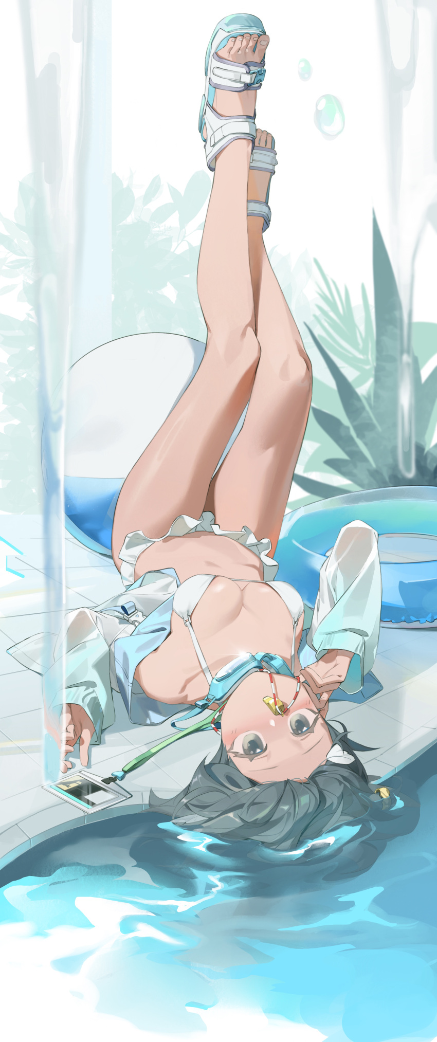 1girl 2242592427 absurdres arknights bare_legs bikini breasts full_body goggles goggles_around_neck grey_eyes grey_hair highres id_card innertube jacket la_pluma_(arknights) la_pluma_(summer_flowers)_(arknights) legs_up long_sleeves looking_at_viewer lying medium_breasts on_back open_clothes open_jacket poolside sandals solo swim_ring swimsuit water whistle whistle_around_neck white_bikini