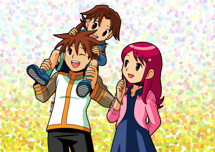 1girl 2boys absurdres age_difference aged_down asayanen bracelet brown_eyes carrying_over_shoulder child dress hair_between_eyes hair_ornament hairpin highres hub_hikari_(mega_man) jewelry lan_hikari_(mega_man) long_hair long_sleeves mayl_sakurai_(mega_man) mega_man_(series) mega_man_battle_network_(series) multiple_boys official_style one_eye_closed pink_hair shoes sidelocks smile spiked_hair teeth upper_teeth_only