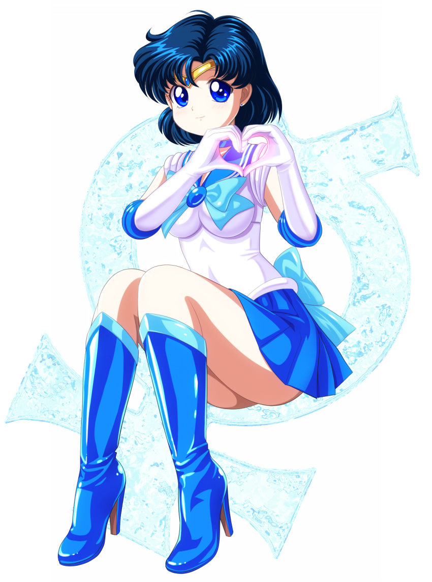 1girl back_bow bishoujo_senshi_sailor_moon blue_bow blue_bowtie blue_choker blue_eyes blue_footwear blue_hair blue_sailor_collar blue_skirt boots bow bowtie choker circlet earrings elbow_gloves gloves heart heart_hands high_heel_boots high_heels highres jewelry magical_girl mizuno_ami pirochi sailor_collar sailor_mercury sailor_senshi_uniform short_hair skirt solo white_gloves