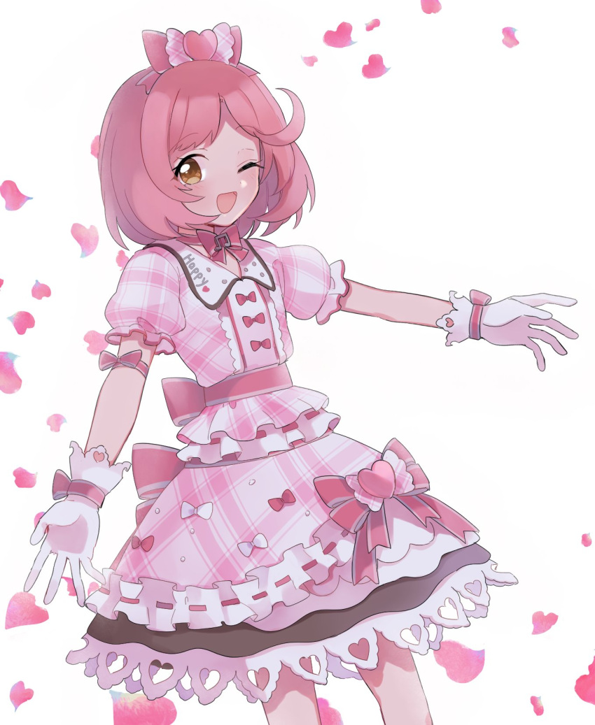 1girl ;d ayase_naru bad_id bad_twitter_id bow brown_eyes collared_dress commentary_request cowboy_shot dress frilled_dress frills gloves highres inactive_account looking_at_viewer one_eye_closed open_mouth pink_bow pink_dress pink_hair pretty_rhythm pretty_rhythm_rainbow_live pretty_series puffy_short_sleeves puffy_sleeves shiyurinpu short_hair short_sleeves smile solo standing white_background white_gloves