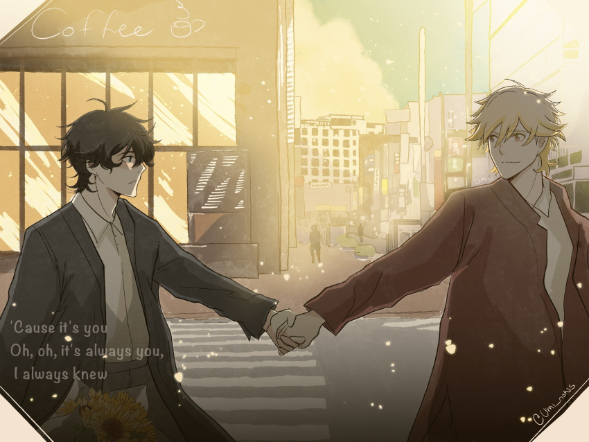 2boys black_hair black_suit blonde_hair bouquet brown_jacket buddy_daddies building crosswalk day english_commentary english_text eye_contact flower highres holding holding_bouquet holding_hands jacket kurusu_kazuki looking_at_another male_focus multiple_boys outdoors shirt suit sunflower suwa_rei twitter_username uminoyurei white_shirt yaoi