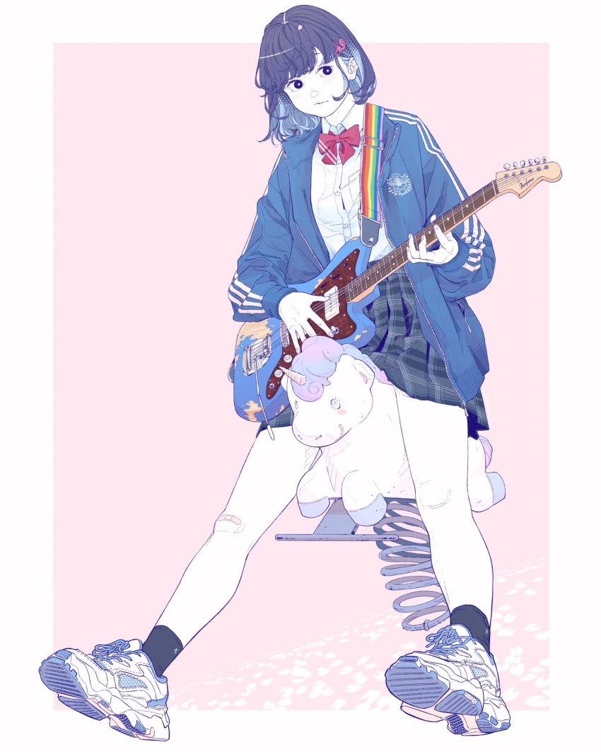 1girl akira_13go bandaid bandaid_on_knee bandaid_on_leg bare_legs black_eyes black_hair black_skirt black_socks blue_hair blue_jacket border bow bowtie breasts bright_pupils chair closed_mouth colored_inner_hair colored_skin electric_guitar fender_stratocaster full_body guitar hair_ornament halftone highres holding holding_instrument instrument jacket long_sleeves looking_at_viewer multicolored_hair music original outside_border pink_background plaid plaid_skirt playing_instrument red_bow red_bowtie rocking_chair shirt shoe_soles shoes short_hair simple_background sitting skirt small_breasts sneakers socks solo triple_vertical_stripe two-tone_hair unicorn vertical-striped_sleeves white_border white_pupils white_shirt white_skin