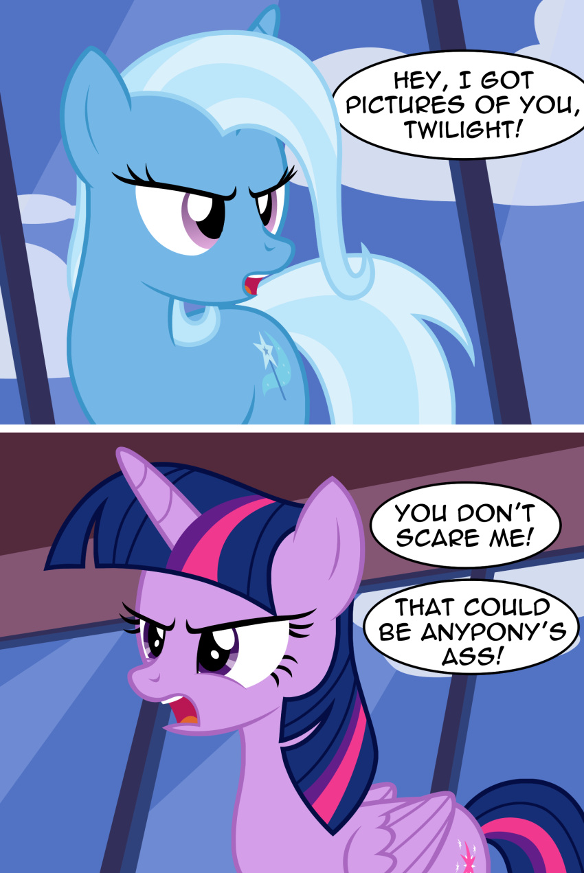 2_panel_comic absurd_res badumsquish blue_body blue_fur blue_hair comic dialogue english_text equid equine female friendship_is_magic fur hair hasbro hi_res horn mammal multicolored_hair my_little_pony mythological_creature mythological_equine mythology purple_body purple_fur purple_hair text trixie_(mlp) twilight_sparkle_(mlp) two_tone_hair unicorn winged_unicorn wings