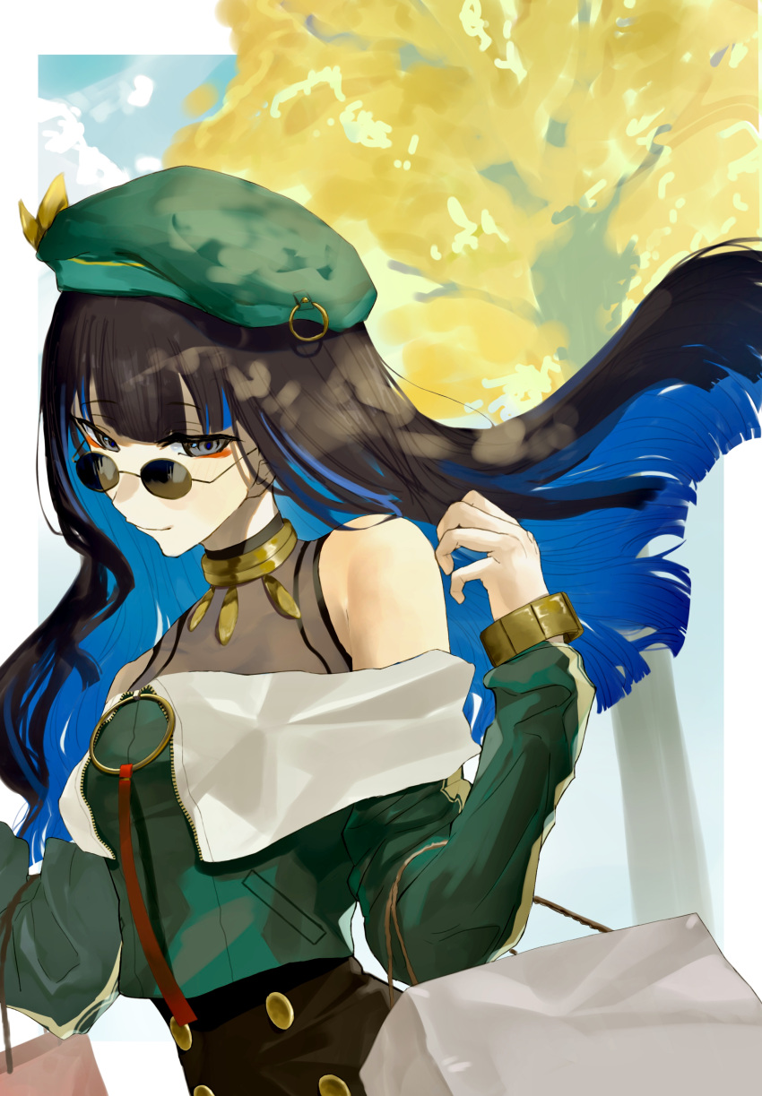 1girl absurdres bare_shoulders beret black_hair blue_hair bracelet colored_inner_hair fate/grand_order fate_(series) grey_eyes hat highres jacket jewelry long_hair multicolored_hair neck_ring round_eyewear smile solo sunglasses tenochtitlan_(fate) tenochtitlan_(second_ascension)_(fate) tree two-tone_hair