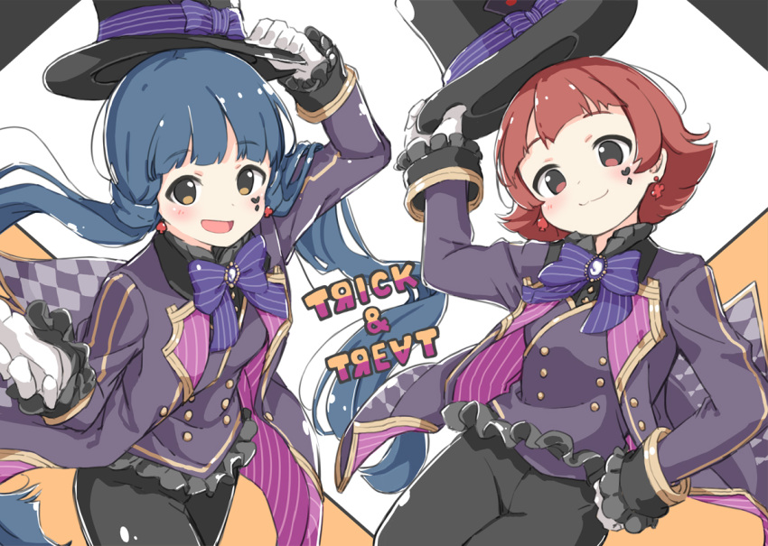 2girls :d black_pants blue_hair blunt_bangs blush breasts brown_eyes buttons character_name closed_mouth cowboy_shot dot_nose earrings flipped_hair frilled_sleeves frills gloves hand_on_own_hip hat heart_stickers holding holding_clothes holding_hat idolmaster idolmaster_million_live! idolmaster_million_live!_theater_days jacket jewelry kitakami_reika kuresuku_(lessons) long_hair long_sleeves looking_at_viewer multiple_girls nonohara_akane official_alternate_costume open_clothes open_hand open_jacket open_mouth pants purple_jacket purple_ribbon red_eyes red_hair ribbon short_hair sidelocks simple_background small_breasts smile sticker_on_face top_hat very_long_hair white_background white_gloves