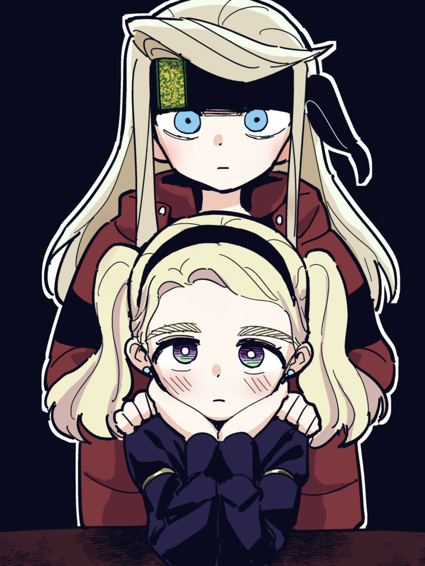 2girls bandana berit_(eisu) black_background black_bandana blonde_hair blue_eyes coat eisu_(eith) forehead gradient_sky hairband hands_on_another's_shoulders harsha_(eisu) highres long_hair multiple_girls original piercing purple_eyes red_coat simple_background sky swept_bangs thick_eyebrows twintails