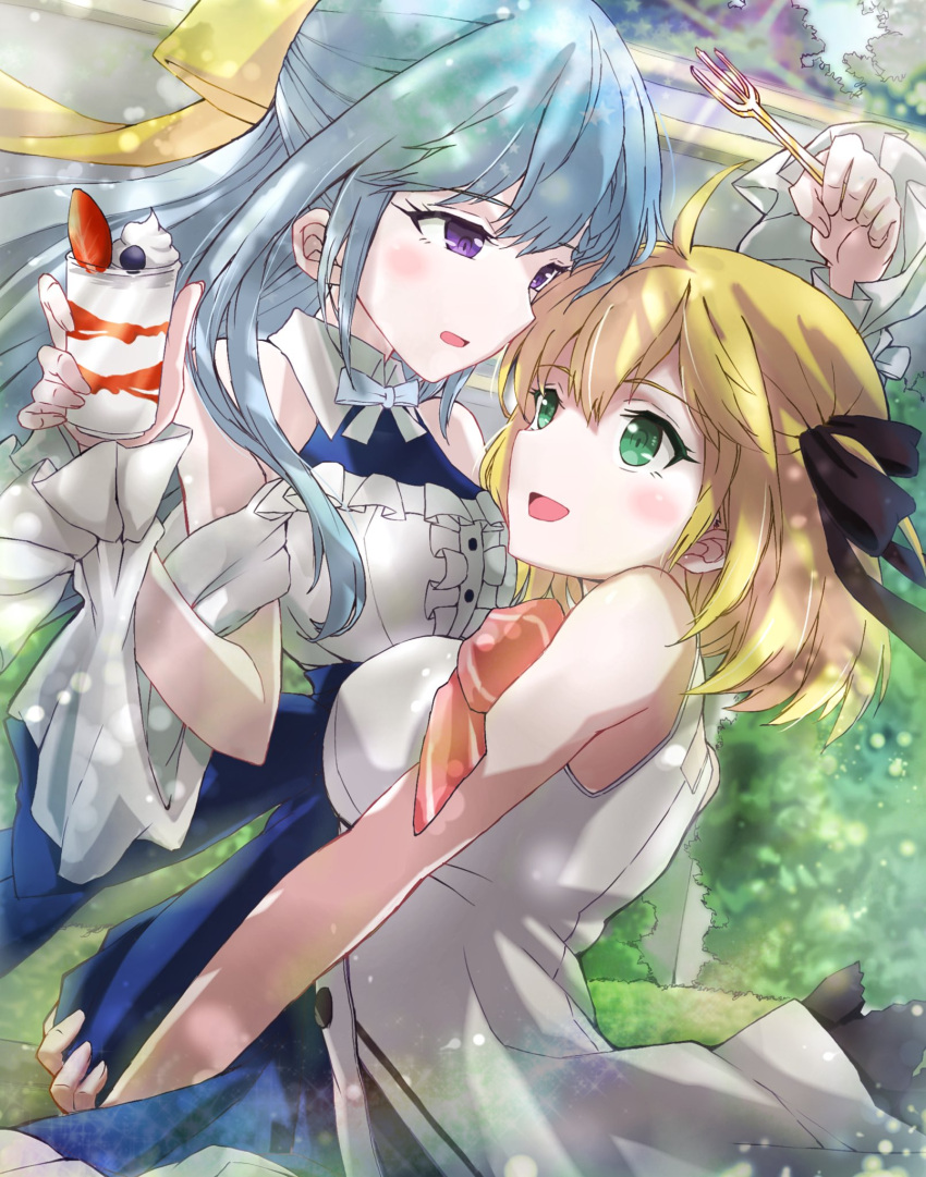 2girls ahoge anisphia_wynn_palettia bare_arms black_ribbon blonde_hair blue_hair blush bush carrying carrying_person commentary_request day dress euphyllia_magenta food fork green_eyes hair_ribbon highres holding holding_fork ice_cream light_particles long_hair looking_at_another medium_hair multiple_girls off-shoulder_dress off_shoulder open_mouth outdoors parted_lips purple_eyes qqwan120 ribbon sleeveless sleeveless_dress smile sundae tensei_oujo_to_tensai_reijou_no_mahou_kakumei white_dress yellow_ribbon yuri