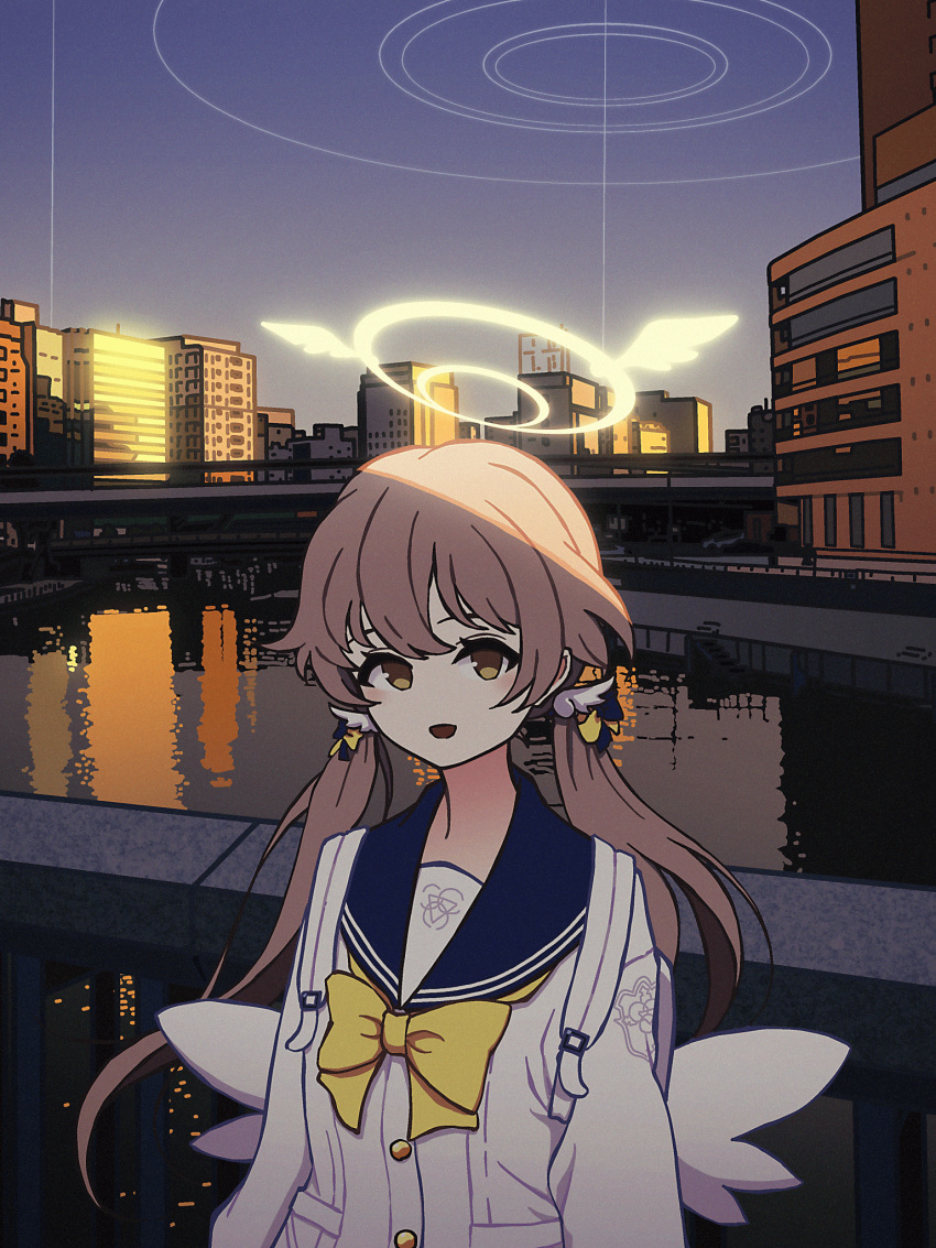 1girl :d against_railing arms_at_sides backpack bag blue_archive blue_sailor_collar blush bow bowtie bridge brown_eyes brown_hair building cardigan earrings hair_tie hifumi_(blue_archive) highres jewelry long_sleeves looking_at_viewer low_twintails morning nkymyura open_mouth outdoors railing reflection reflective_water sailor_collar skyline smile solo twintails upper_body white_cardigan yellow_bow yellow_bowtie