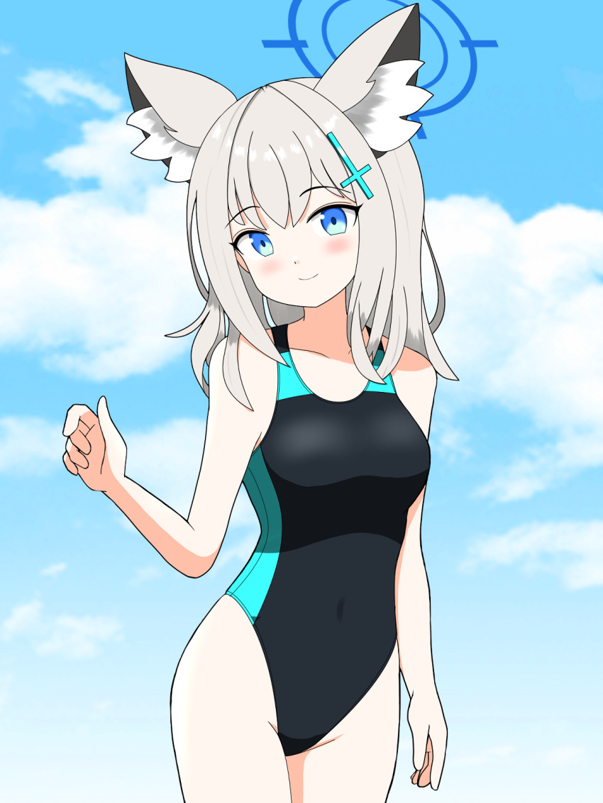 1girl animal_ear_fluff animal_ears black_one-piece_swimsuit blue_archive blue_eyes blue_sky breasts cloud competition_swimsuit covered_navel cross_hair_ornament extra_ears grey_hair hair_ornament halo highleg highleg_swimsuit highres medium_breasts medium_hair mismatched_pupils multicolored_clothes multicolored_swimsuit official_alternate_costume one-piece_swimsuit shiroko_(blue_archive) shiroko_(swimsuit)_(blue_archive) sky smile solo standing swimsuit wolf_ears yuunosuke_miyata
