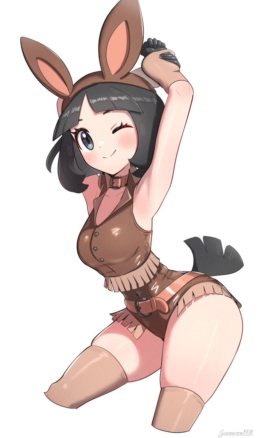 1girl absurdres animal_ears armpits arms_up belt black_cloak black_eyes black_hair breasts brown_leotard brown_thighhighs cloak collarbone cosplay cowboy_shot gonzarez highres leotard medium_breasts mudbray mudbray_(cosplay) one_eye_closed playboy_bunny pokemon pokemon_sm selene_(pokemon) simple_background solo thighhighs white_background