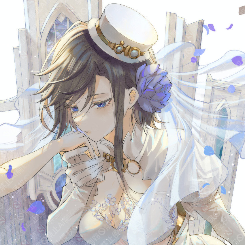 1girl 215324 absurdres architecture ark_royal_(azur_lane) ark_royal_(pure-white_protector)_(azur_lane) asymmetrical_hair azur_lane black_hair blue_eyes blue_flower blue_rose breasts bridal_veil bride cleavage cleavage_cutout clothing_cutout collared_dress disembodied_limb dress elbow_gloves falling_petals flower framed_breasts gloves gothic_architecture hair_flower hair_ornament hand_grab hat highres imminent_kiss kiss kissing_hand large_breasts medium_breasts messy_hair mini_hat official_alternate_costume parted_lips petals rose single_sidelock solo_focus top_hat translation_request veil wedding_dress white_dress white_hat