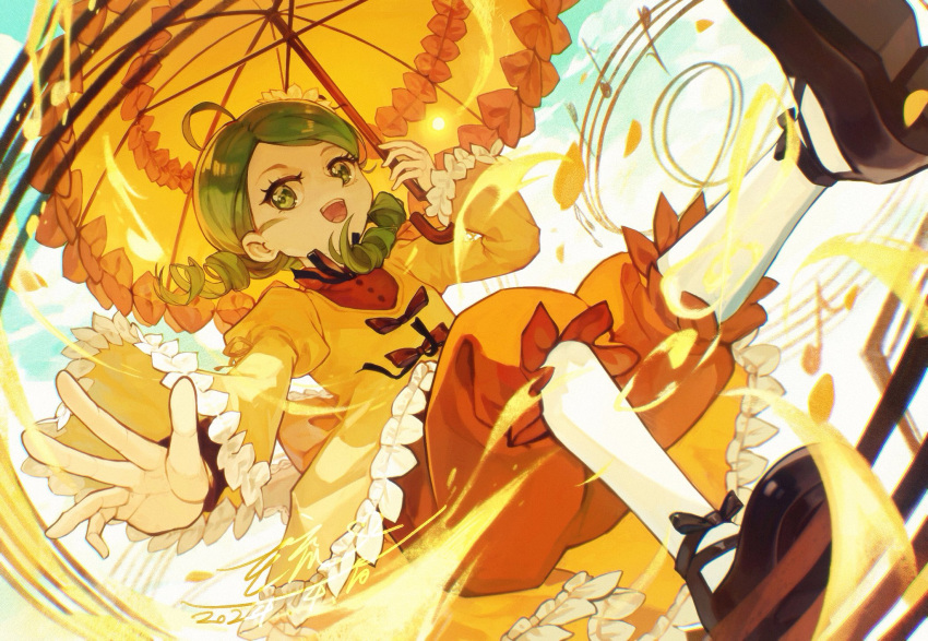 1girl drill_hair flying green_eyes green_hair highres holding holding_umbrella kanaria musical_note open_mouth parasol puffy_shorts rozen_maiden ryuh_(asahina_neru) shirt shorts smile solo staff_(music) twin_drills umbrella wide_sleeves yellow_shirt