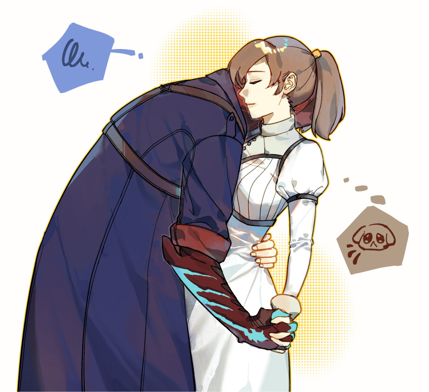 1boy 1girl blush brown_hair closed_mouth couple devil_may_cry_(series) devil_may_cry_4 dress hetero highres holding hood hug juliet_sleeves kyrie long_hair long_sleeves male_focus nero_(devil_may_cry) ponytail profile puffy_sleeves simple_background smile white_dress white_hair