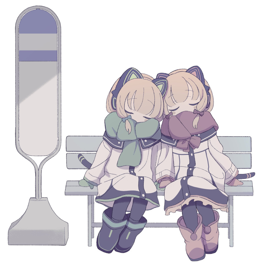 2girls animal_ear_headphones animal_ears atat250 bench black_footwear black_pantyhose black_sailor_collar blonde_hair blue_archive boots bow bowtie brown_footwear bus_stop cat_ear_headphones cat_tail closed_eyes dress facing_viewer fake_animal_ears fake_tail full_body green_mittens green_scarf headphones highres holding_hands midori_(blue_archive) mittens momoi_(blue_archive) multiple_girls pantyhose red_bow red_bowtie red_mittens red_scarf sailor_collar scarf siblings side-by-side sisters sitting sleeping tail twins white_dress