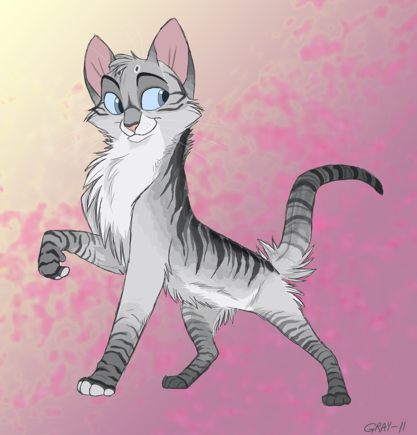 2011 absurd_res ambiguous_feral ambiguous_gender blue_eyes digital_drawing_(artwork) digital_media_(artwork) domestic_cat feet felid feline felis feral fluffy fur graystripe64 grey_body grey_fur hi_res male_(lore) mammal one_leg_up paws pink_inner_ear quadruped raised_leg smile solo standing striped_body striped_fur stripes tabby_cat tail whiskers