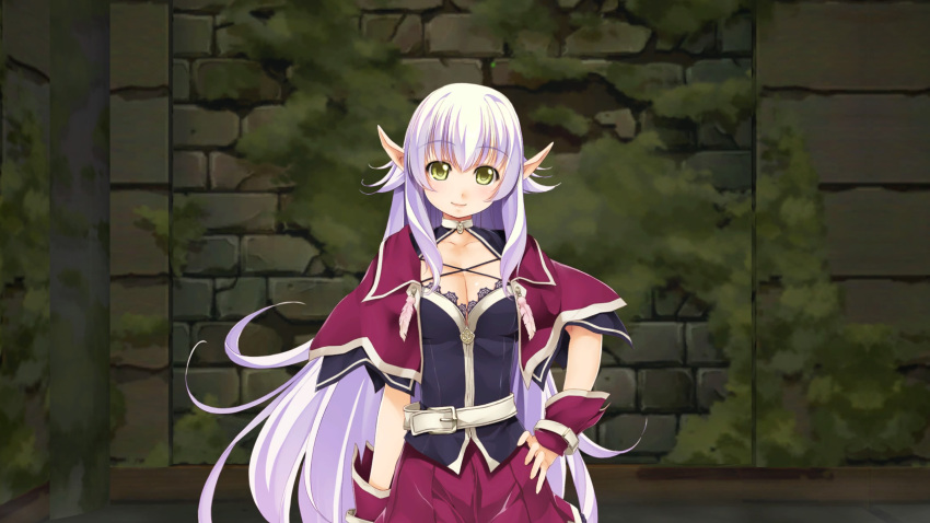 1girl atelier-moo belt breasts cleavage cloak closed_mouth cowboy_shot dark_elf detached_sleeves dungeon elf hair_between_eyes hand_on_own_hip highres large_breasts long_hair long_pointy_ears looking_at_viewer miniskirt narrow_waist pointy_ears purple_cloak purple_hair silvia_milsteen skirt smile solo standing very_long_hair wizards_symphony yellow_eyes