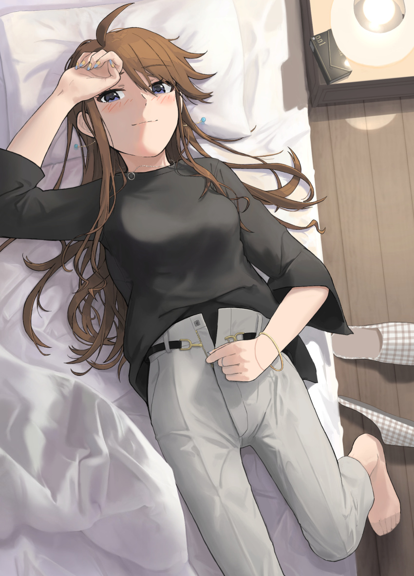1girl ahoge arm_up belt black_belt black_shirt blue_eyes blue_nails blush bracelet breasts brown_hair closed_mouth epitaph_(1122) feet foot_out_of_frame from_above grey_pants hair_between_eyes highres idolmaster idolmaster_million_live! idolmaster_million_live!_theater_days indoors jewelry long_hair long_sleeves medium_breasts nail_polish necklace no_shoes on_bed pants pillow see-through see-through_legwear shirt slippers solo swept_bangs toes tokoro_megumi unworn_slippers unzipping wide_sleeves wooden_floor
