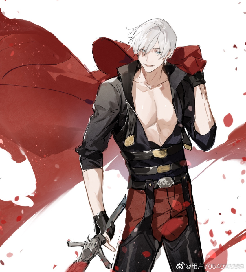 1boy backless_pants bishounen black_gloves blue_eyes coat collared_shirt dante_(devil_may_cry) devil_may_cry_(series) devil_may_cry_4 facial_hair fingerless_gloves gloves highres holding holding_sword holding_weapon looking_at_viewer male_focus open_clothes pants pectorals rebellion_(sword) shirt smile solo standing sword weapon weibo_7054093389 white_hair