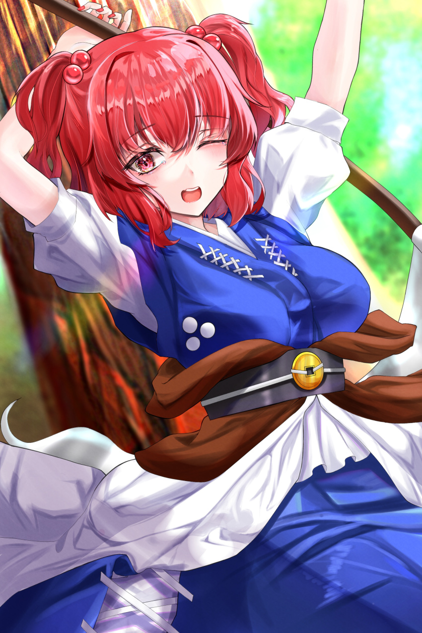 1girl ;o absurdres blue_dress breasts coin coin_on_string commentary_request dress hair_bobbles hair_ornament highres holding holding_scythe looking_at_viewer nyarocks obi obidome obijime one_eye_closed onozuka_komachi open_mouth red_eyes red_hair sash scythe short_sleeves solo touhou two_side_up yawning